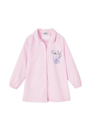 Pink button-up shirt with long sleeves and a collared neck. Features an embroidered design on the left side and a front pocket.