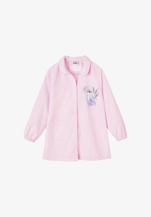 Pink button-up shirt with long sleeves and a collared neck. Features an embroidered design on the left side and a front pocket.