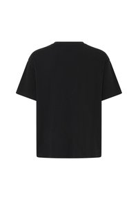 T-shirt noir uni à manches courtes montré de dos avec un col rond et une coupe régulière.
