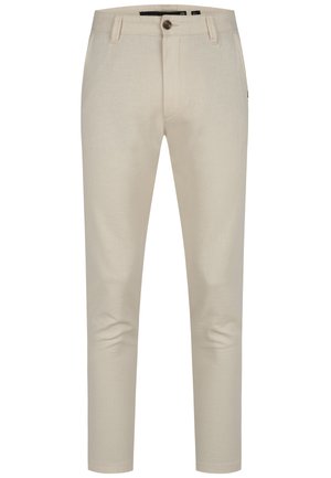 Pantaloni beige con vestibilità dritta, realizzati in tessuto leggero, dotati di chiusura con bottone e tasche frontali. Texture liscia e design minimal.