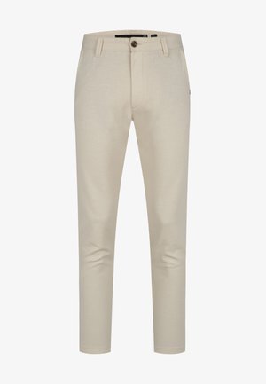 Pantalon beige à coupe droite, en tissu léger, avec fermeture à bouton et poches avant. Texture lisse et design minimal.