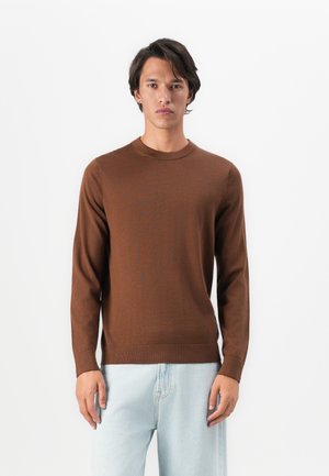 Hombre con cabello oscuro vestido con un suéter marrón de manga larga y jeans azul claro, de pie frente a un fondo blanco liso.