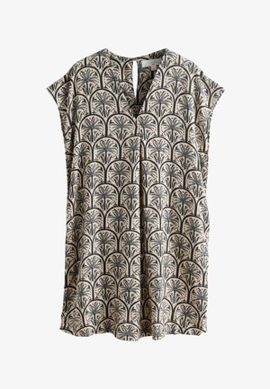 Varrukateta beež linane topp, millel on must botaaniline kaarekujuline muster ja väike V-kaelusega lõhik krae juures.