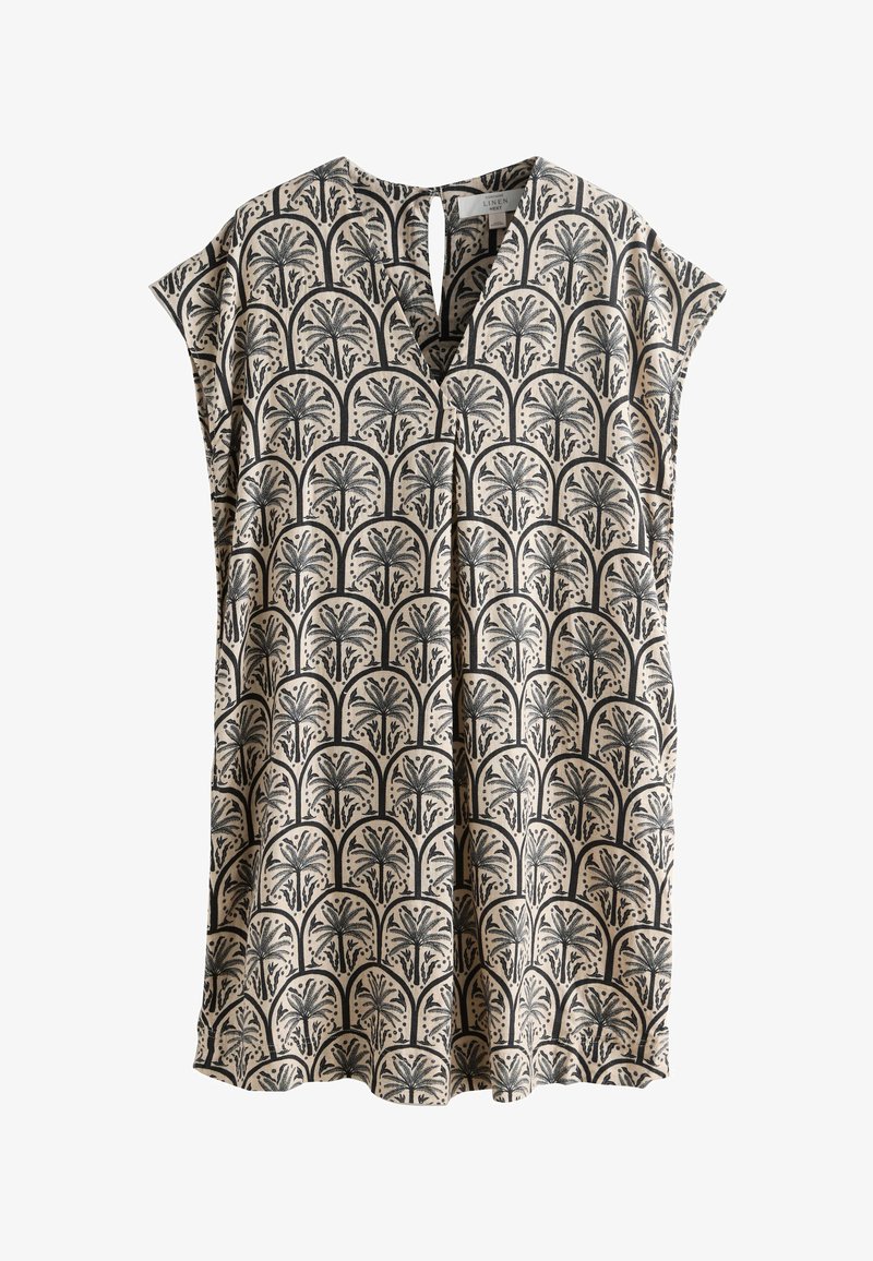 Haut sans manches en lin beige avec motif en arc botanique noir et petite fente en V au col.