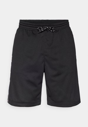 Fekete hálós sportnadrág húzózsinóros derékpánttal, légáteresztő anyagból, kontrasztos oldalsó díszítésekkel.