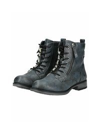 Ciemnoniebieskie botki za kostkę z teksturowanej skóry. Wśród cech znajdują się sznurówki, boczny zamek błyskawiczny oraz niski obcas z gumową podeszwą.