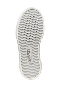 Soletta in gomma bianca con texture ondulata e perforazioni, caratterizzata da un logo centrale che recita "GEOX ITALIAN PATENT" per la traspirabilità.