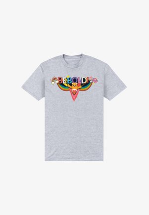 Szary bawełnowy t-shirt z kolorową grafiką z tekstem "Bądź Odważny!" i niedźwiedziem, otoczony tęczami i zabawnymi elementami.
