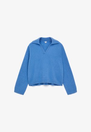 Light blue, knitted sweater with a V-neck and wide collar. Features long sleeves and a cropped design. Soft texture, no visible patterns or embellishments.