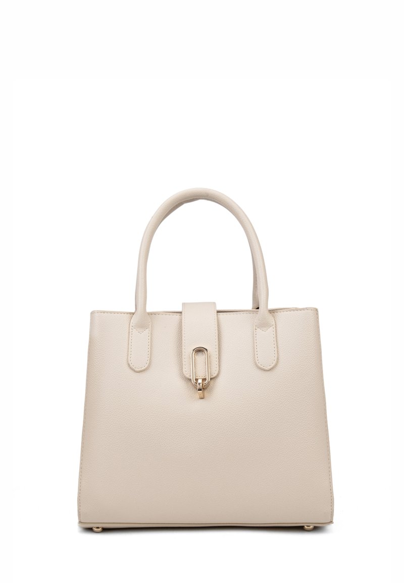 Borsa a mano in pelle beige con design strutturato, doppi manici superiori e un dettaglio di chiusura frontale. Texture liscia con sottili accenti di cucitura.