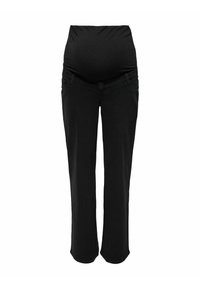 Melnas grūtnieču džinsu bikses ar elastīgu pāri vēderam novietotu paneli, klasisku piecu kabatu dizainu, taisnām kājām un mīkstu džinsa audumu.