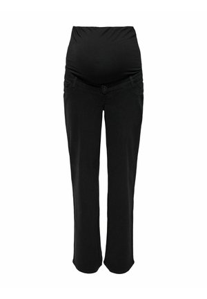 Zwarte zwangerschapsjeans met een rekbare buikband, klassiek ontwerp met vijf zakken, rechte pijpen en zachte denimtextuur.