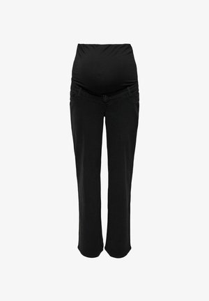 Zwarte zwangerschapsjeans met een rekbare buikband, klassiek ontwerp met vijf zakken, rechte pijpen en zachte denimtextuur.