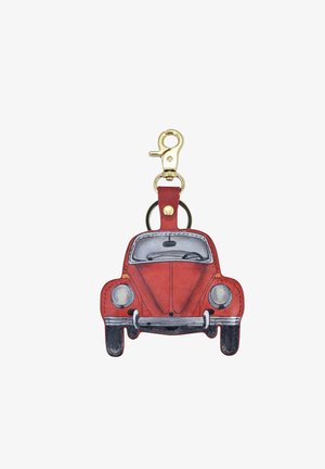 Red leather keychain shaped like a classic car, featuring a gold metal clip, circular ring, and detailed painted accents on headlights and windows.