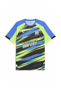 Puma Marseille trøje med kortærmet design, primært sort med blå og neongrønne diagonale striber, mesh tekstur og logo detaljer.