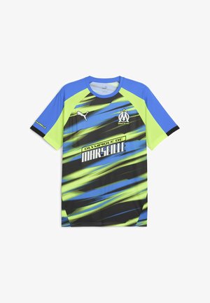 Puma Marseille trøje med kortærmet design, primært sort med blå og neongrønne diagonale striber, mesh tekstur og logo detaljer.