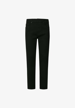 Pantalones de algodón negros con un corte recto, que cuentan con cinco bolsillos, una cremallera y una textura suave.