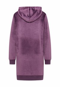 Lila Samt-Hoodie-Kleid mit weicher Textur, langen Ärmeln und Kapuze. Verfügt über gerippte Bündchen und einen Saum für einen sicheren Sitz.