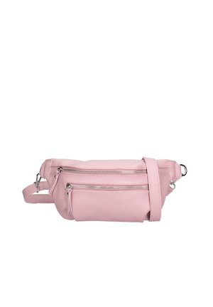 Marsupio in pelle rosa chiaro con due tasche con cerniera argentate e tracolla regolabile.