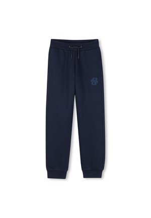 Marineblauwe joggingsbroek met trekkoord in de taille, zijzakken, geribbelde enkels en een subtiel geborduurd logo op de linker dij.