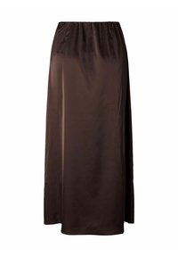 Καφέ σατέν midi φούστα με ελαστική μέση και ίσια γραμμή, λεία υφή και ελαφριά γυαλάδα.