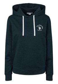 Marinblå hoodie med ribbad textur, vita dragsnören och en logga på bröstet. Har en känguruficka och en avslappnad passform.