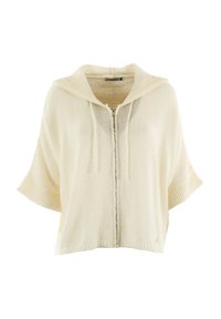 Sudadera de color crema claro con cremallera completa, mangas cortas y cordón. Fabricada con un material suave y texturizado con detalles de dobladillo acanalados.