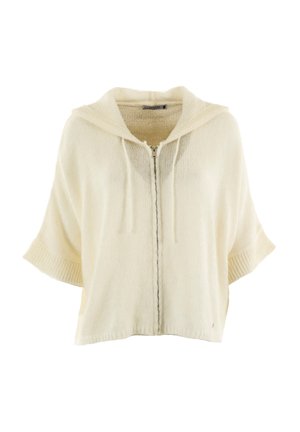 Lichte crèmekleurige hoodie met een volledige rits, korte mouwen en een trekkoord. Gemaakt van zachte, gestructureerde stof met geribbelde onderrandaccenten.