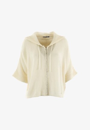 Sudadera de color crema claro con cremallera completa, mangas cortas y cordón. Fabricada con un material suave y texturizado con detalles de dobladillo acanalados.