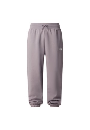 Jasnofioletowe spodnie dresowe z elastyczną talią i regulowanym sznurkiem. Ściągacze przy kostkach. Na nodze znajduje się małe logo.