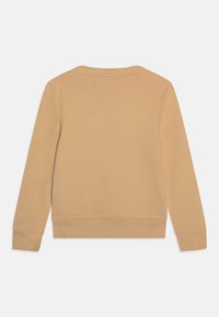 Felpa beige con scollo rotondo, maniche lunghe e polsini a costine. Tessuto liscio di colore uniforme, senza motivi o accenti visibili.