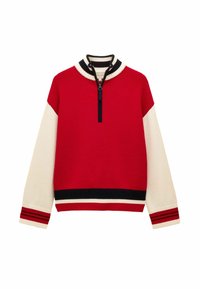 Rot-weißer Langarmpullover mit halbem Reißverschluss an der Front, geripptem Kragen, Bündchen und Saum, verziert mit schwarz-roten Streifen.