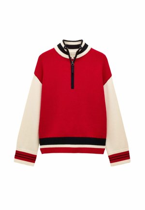 Suéter de manga larga en rojo y blanco con cierre de media cremallera en la parte delantera, cuello, puños y dobladillo acanalados que presentan detalles en franjas negras y rojas.