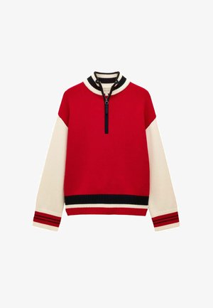 Suéter de manga larga en rojo y blanco con cierre de media cremallera en la parte delantera, cuello, puños y dobladillo acanalados que presentan detalles en franjas negras y rojas.
