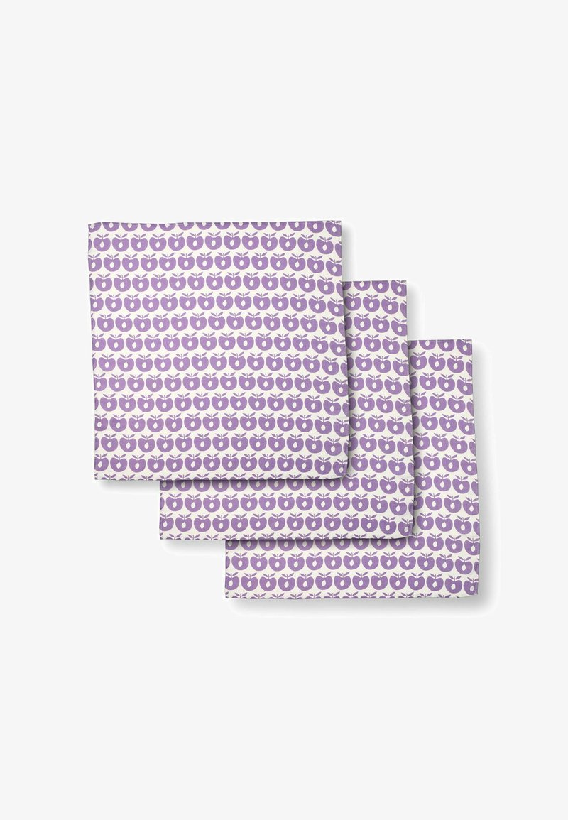 Set van drie stoffen servetten met een herhaald appelpatroon in paars op een witte achtergrond. Gemaakt van katoen, vierkante vorm.
