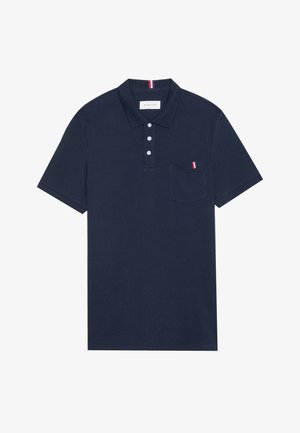 Navy polo shirt in cotton with a collar, three-button placket, and a left chest pocket featuring a red, white, and blue accent stripe.