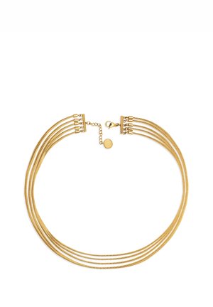Collier multi-rangs doré avec cinq fines chaînes de chaque côté, fermoir mousqueton et chaîne d'extension réglable avec pendentif rond.