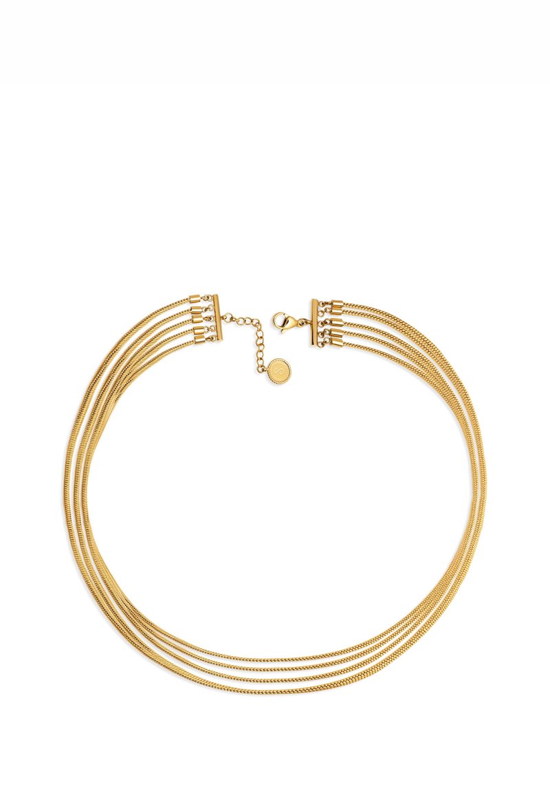 Collier multi-rangs doré avec cinq fines chaînes de chaque côté, fermoir mousqueton et chaîne d'extension réglable avec pendentif rond.