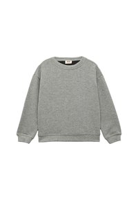 Grå sweatshirt i texturerat tyg, med rund halsringning, ribbade ärmslut och nederkant, med en avslappnad passform och utan synliga mönster.