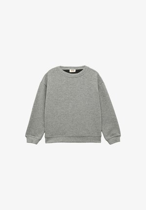 Szary sweatshirt wykonany z teksturowanej tkaniny, z okrągłym dekoltem, ściągaczami przy rękawach i na dole, w luźnym kroju i bez widocznych wzorów.