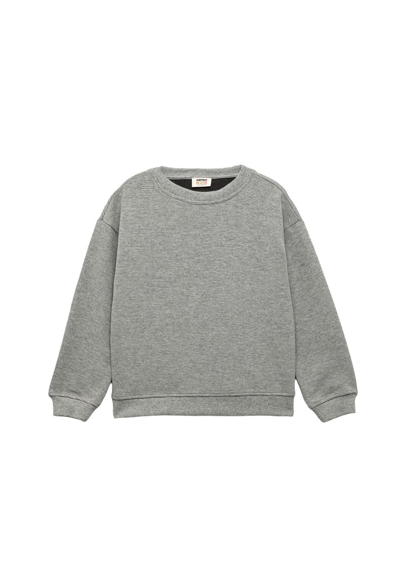 Grå sweatshirt i texturerat tyg, med rund halsringning, ribbade ärmslut och nederkant, med en avslappnad passform och utan synliga mönster.