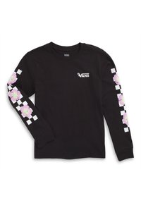 Czarna koszula z długim rękawem Vans z małym białym logo Vans na piersi oraz różowymi kwiatami i białymi kratkami wzdłuż obu rękawów.