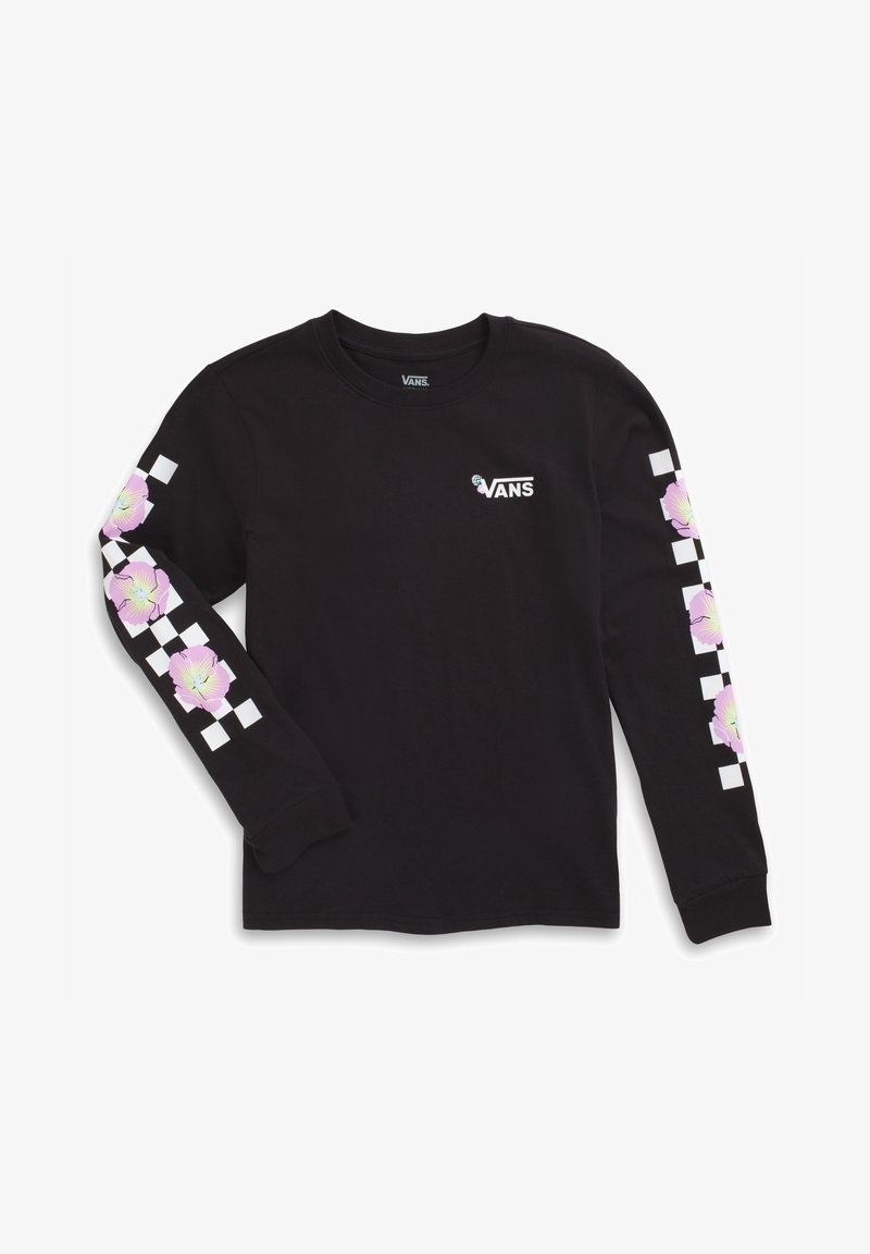 Černá dlouhá mikina Vans s malým bílým logem Vans na hrudi a růžovými květinami se bílými kostkovanými pruhy na obou rukávech.