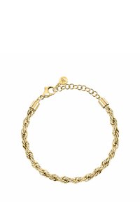 Bracciale girocollo in oro a catena tortile con chiusura a moschettone e catena regolabile. Presenta un ciondolo circolare con un dettaglio del logo. Tessuto liscio.