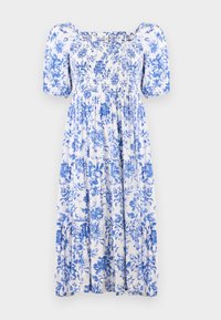 Robe maxi fleurie à manches ballon, avec un corsage smocké, tissu blanc à motifs floraux bleus, et jupe à volants.