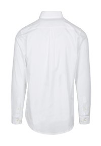 Witte lange mouwen shirt van katoen, ronde zoom, detail op de rug, geknoopte manchetten met gele knopen, gladde textuur.