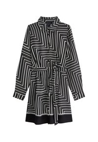 Abito lungo a maniche lunghe in bianco e nero con motivo a righe geometriche, chiusura con bottoni frontale, colletto e cintura in tessuto coordinato in vita.