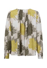 Fließende Bluse in Creme mit großem gelben, weißen und grünen Blumenmuster. Mit langen Ärmeln und gerafftem Detail am Ausschnitt und an den Manschetten.