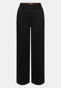 Pantalon noir à taille haute et jambes larges avec passants de ceinture, détail de couture avant et fermeture dissimulée sur un fond uni.