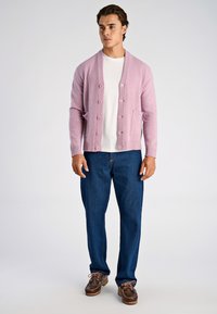 Vaaleanpunainen neulottu neuletakki huivikankaalla, edessä napit ja taskut, yhdistetty valkoiseen t-paitaan ja sinisiin farkkuihin. Ruskeat kengät täydentävät asun.